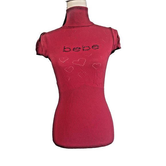 BEBE red ribbed Y2k Vtg Heart turtleneck with bebe Logo Rhinestone Shirt NEW L - Picture 1 of 15